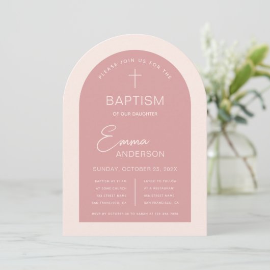 Invitation Fille Baptême rose Arche moderne Script Dusty Rose (Debout devant)