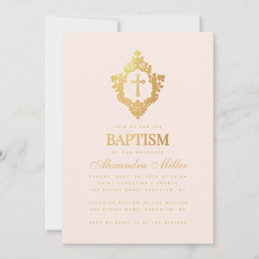 Invitation Fille Baptême rose Faux Croix d'or dans Crest Blus (Devant)