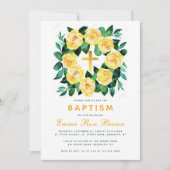 Invitation Fille Baptême Rose Jaune Wreath Faux Gold (Devant)