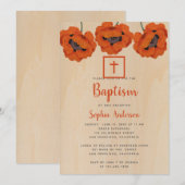 Invitation Fille Baptême Rouge rustique Pépites Brown Bois Sc (Devant / Derrière)