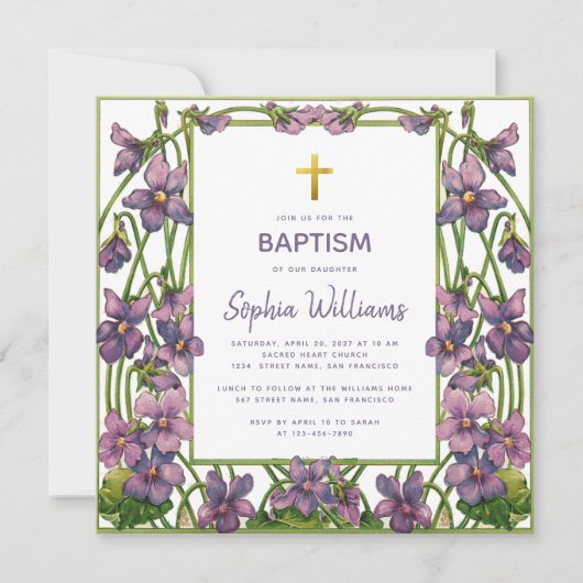 Invitation Fille Baptême Violet vert violet Croix d'or vert F (Devant)