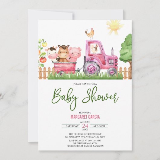 Invitation Fille Barnyard Baby shower d'animaux de ferme rose (Devant)