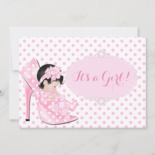 Invitation Fille Bébé Baby Shower Rose Blanc Points C (Devant)
