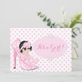 Invitation Fille Bébé Baby Shower Rose Blanc Points C (Debout devant)
