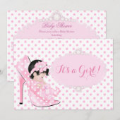 Invitation Fille Bébé Baby Shower Rose Blanc Points C (Devant / Derrière)