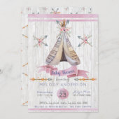 Invitation Fille Bébé Douche rose Boho Chic Teepee & Flèches (Devant / Derrière)