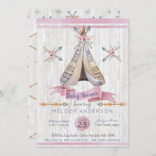 Invitation Fille Bébé Douche rose Boho Chic Teepee & Flèches