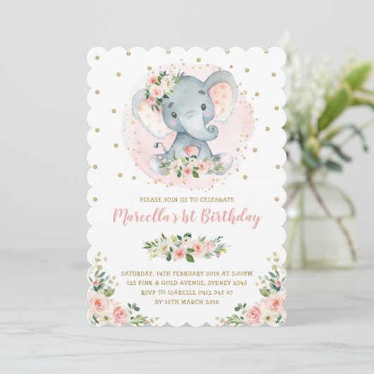 Invitation Fille bébé éléphant Peach Blush Gold 1er anniversa (Debout devant)