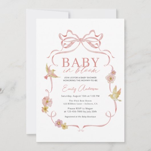 Invitation Fille bébé en Fleur Bow rose Fleur sauvage douche (Devant)