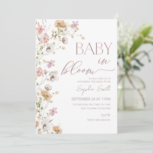 Invitation Fille bébé en fleurs Baby shower Fleur sauvage (Debout devant)