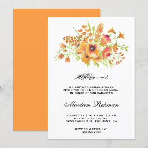 Invitation Fille Bébé Fleur Aqiqah Aquarelle Orange
