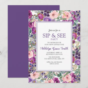 Invitation Fille Bébé Fleur Rose Violet Sip Voir Douche