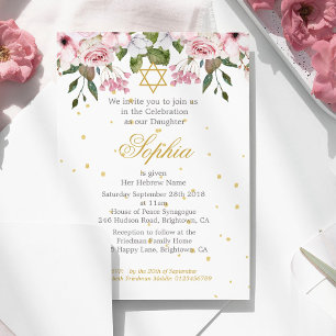 Invitation Fille Bébé Hébreu Cérémonie de nom Floral or rose