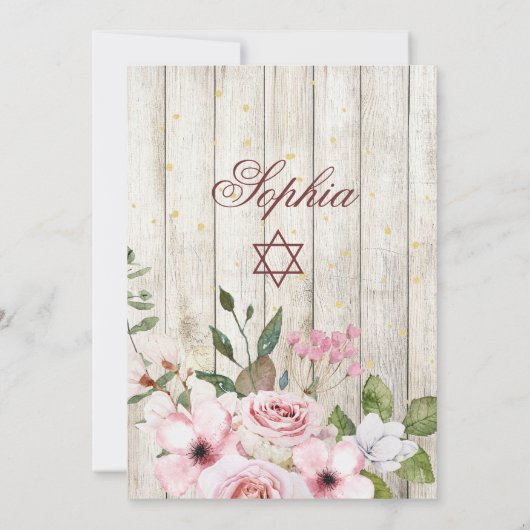 Invitation Fille bébé hébreu Cérémonie de nom Floral rustique (Dos)