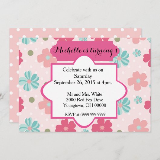 Invitation Fille bébé Premier anniversaire (Devant / Derrière)