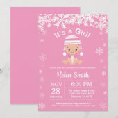 Invitation Fille Bébé Rose Hiver Flocon de Neige (Devant / Derrière)