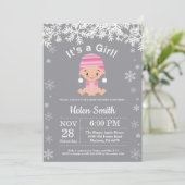 Invitation Fille Bébé Rose Hiver Flocon de Neige (Debout devant)