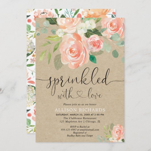 Invitation Fille bébé saupoudrer pêche floral rustique kraft (Devant / Derrière)