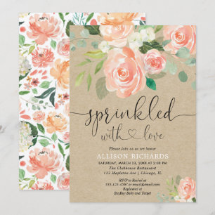 Invitation Fille bébé saupoudrer pêche floral rustique kraft