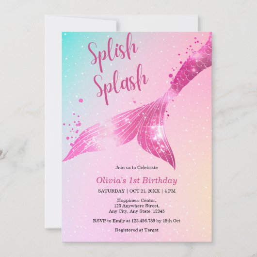 Invitation Fille Bébée de Sirène Splish Splash 1er anniversai (Devant)