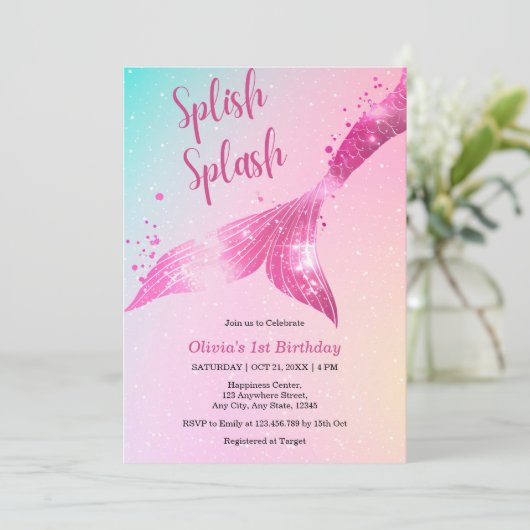 Invitation Fille Bébée de Sirène Splish Splash 1er anniversai (Debout devant)