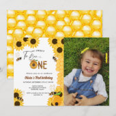 Invitation Fille Bee jour miel jaune abeille premier annivers (Devant / Derrière)