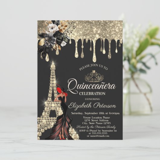 Invitation Fille Black Roses Tour Eiffel Roulettes en or (Debout devant)