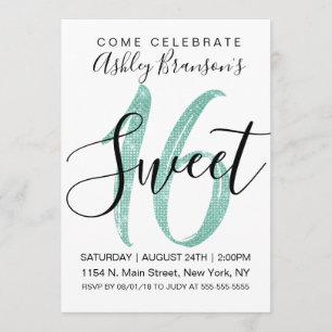 Invitation Fille Blanc Faux Monnaie Turquoise Séquin Parties 