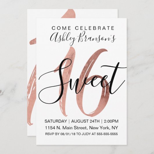 Invitation Fille Blanc Faux Rose Gold Foil Moderne Sweet 16 (Devant / Derrière)