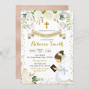 Invitation Fille Blanc Floral Première Sainte Communion Invit