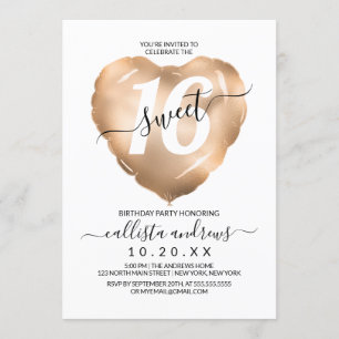 Invitation Fille Blanc Rose Or Foil Coeur Balloon Sweet 16