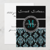 Invitation Fille Bleue Parties scintillant Noir Damas Fête Pe (Devant / Derrière)