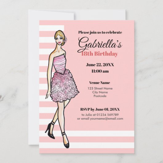 Invitation Fille blonde avec une robe de cocktail à roses ros (Devant)