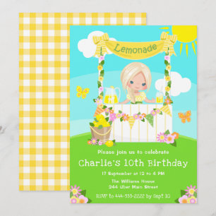 Invitation Fille blonde debout près d'un stand de limonade po