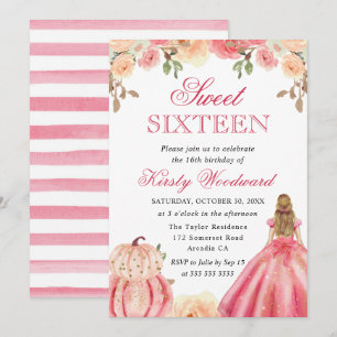 Invitation Fille blonde en robe rose citrouilles florales Swe