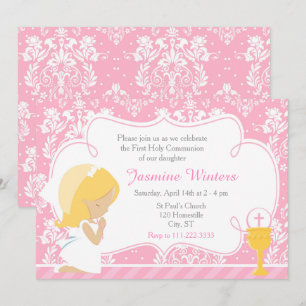 Invitation Fille blonde Première communion Damas