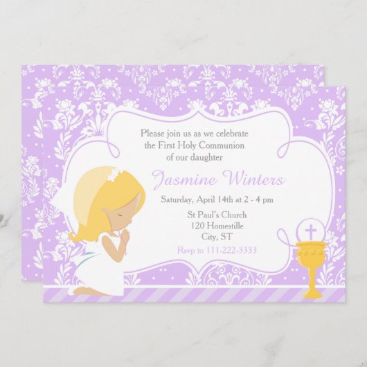 Invitation Fille blonde Première communion Damas (Devant / Derrière)
