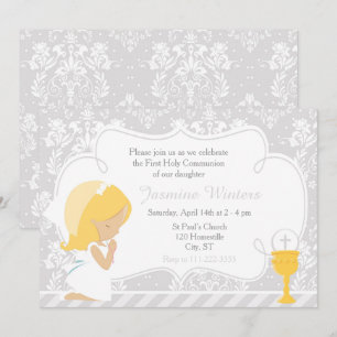 Invitation Fille blonde Première communion Damas