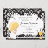 Invitation Fille blonde Première communion Damas (Devant / Derrière)