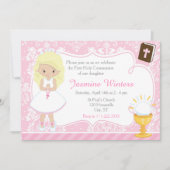 Invitation Fille blonde Première communion Damas (Devant)