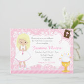 Invitation Fille blonde Première Communion Damassé (Debout devant)