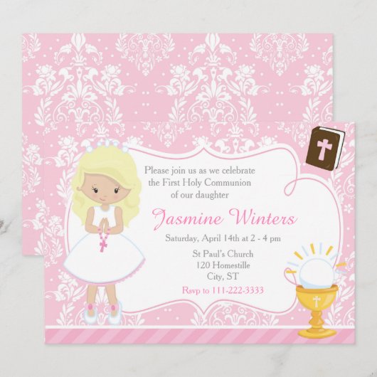 Invitation Fille blonde Première Communion Damassé (Devant / Derrière)