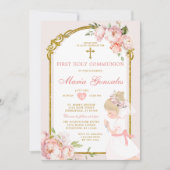 Invitation Fille Blonde priant Floral première sainte communi (Devant)