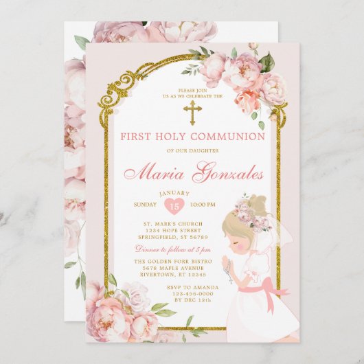 Invitation Fille Blonde priant Floral première sainte communi (Devant / Derrière)