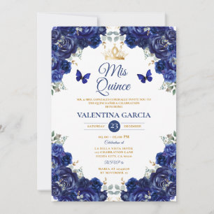 Invitation Fille Blue Quinceañera 15 Ans Fleurs Couronne Doré