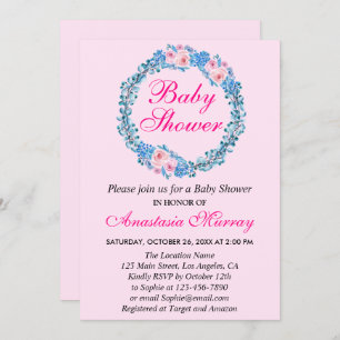 Invitation Fille Blush Baby shower rose & bleu Floral Wreath
