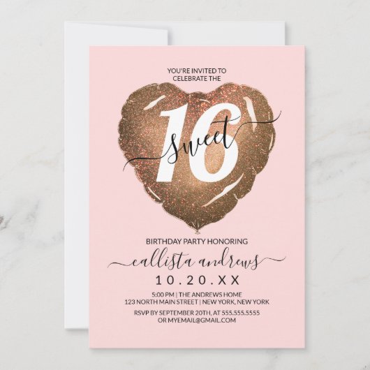 Invitation Fille Blush Gold Parties scintillant Coeur Balloon (Devant)