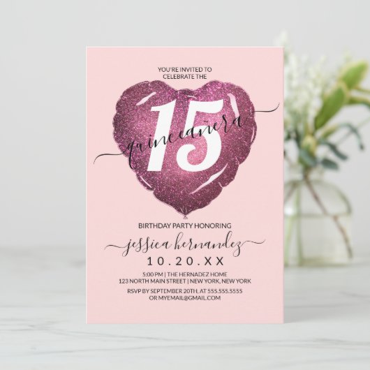 Invitation Fille Blush Parties scintillant rose Coeur Balloon (Debout devant)