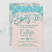 Invitation Fille Blush Rose Aqua Bleu Parties scintillant Dus (Devant / Derrière)