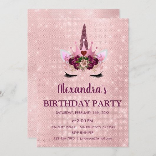 Invitation Fille Blush rose étincelle Unicorne fête d'anniver (Devant / Derrière)
